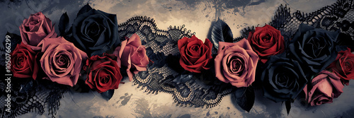 Black and red roses with lace  vintage gothic style  mysterious and romantic  perfect for Halloween or a dark wedding   