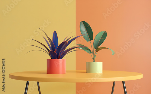 Minimalist plants in colorful pots on a yellow table  perfect for modern interior design   