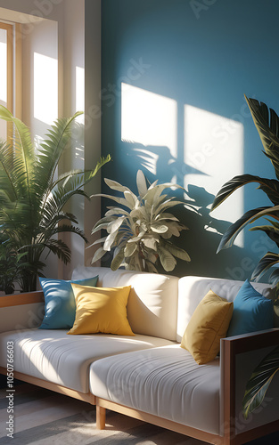 White sofa with yellow and blue pillows in a modern living room with plants and sunlight   Minimalist interior design 