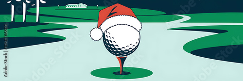 Golf ball wearing Santa hat on green golf course  red and white  festive and fun  Christmas golf tournament   