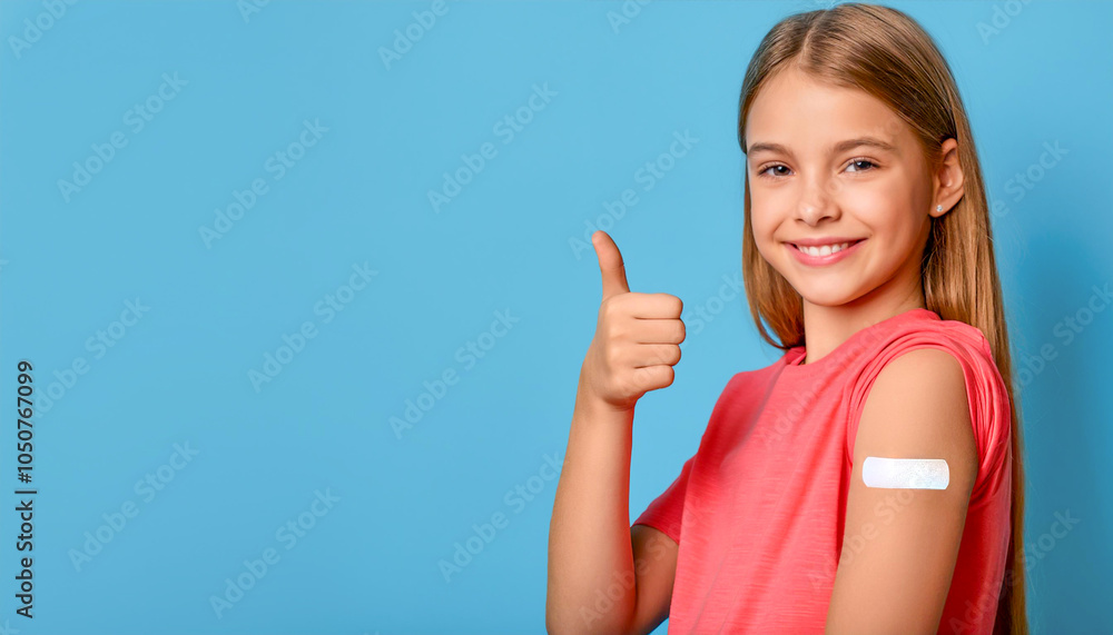 girl showing ok sign. young girl showing arm with plaster , bandage after vaccination. thumps up girl showing ok sign. young girl showing arm with plaster , bandage after vaccination. thumps up