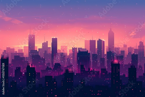 minimalistic cityscape with modern skyscrapers at dusk with vibrant sunset colors