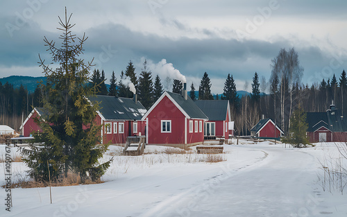 Snowy red cabin winter wonderland idyllic escape  