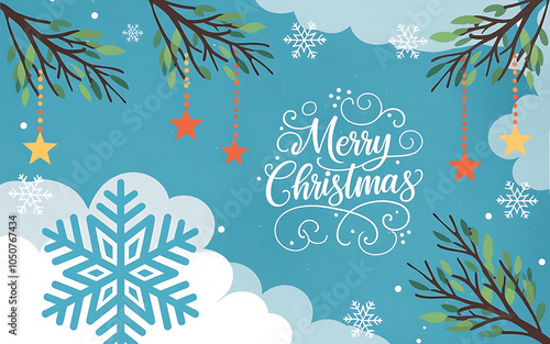 Blue and White Winter Snowflake with Merry Christmas Greeting for Festive Holiday Design   