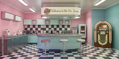 Retro diner interior design  pink and blue  50s style  nostalgic  happy  American diner  vintage   