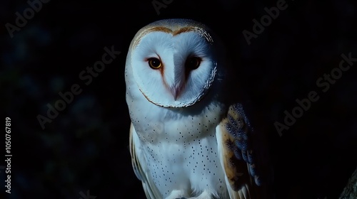 A stunning barn owl with striking amber eyes at night photo