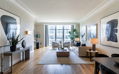Modern living room with beige sofa and black and white art  a perfect image for interior design and home decor   