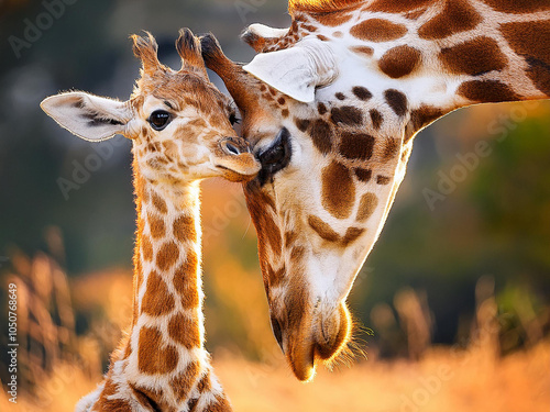 Cuadro en lienzo Head of a cute baby giraffe and the head of its mother