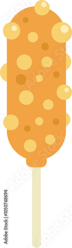 Corn dog on a stick with mustard being dipped in batter, simple design