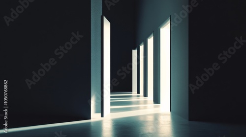 A dynamic representation of opportunity, with a series of open doors leading to a bright, welcoming space from a dark corridor