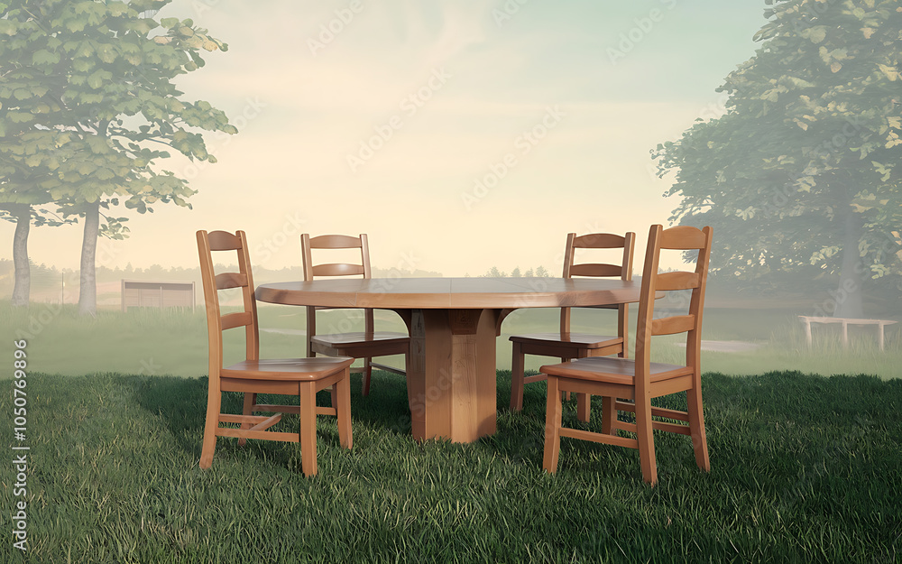 Rustic wooden table and chairs set on green grass ideal for a peaceful outdoor gathering Rustic wooden table and chairs set on green grass ideal for a peaceful outdoor gathering