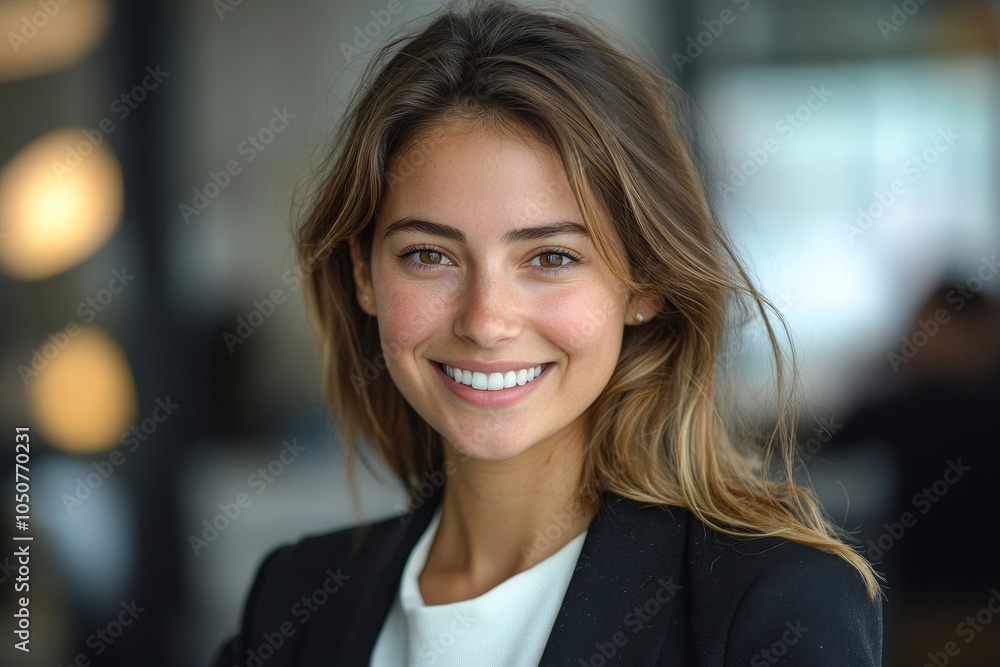 Smiling businesswoman in office, Generative AI Smiling businesswoman in office, Generative AI