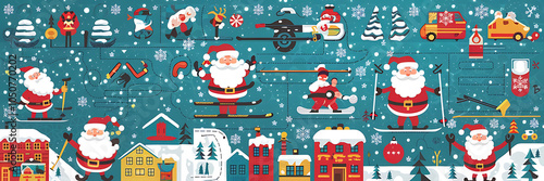 Cheerful Santa Claus characters enjoy winter sports in a snowy landscape with red and white colors   