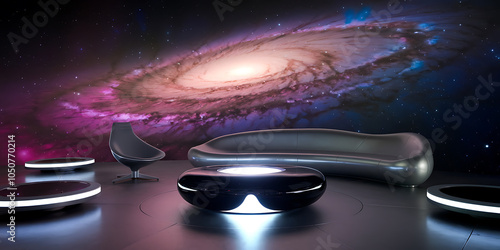 Futuristic lounge furniture against a purple and blue galaxy background  perfect for sci-fi and space-themed designs   