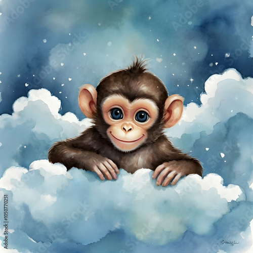 Design an enchanting illustration of a baby monkey sitting on a fluffy cloud with a soothing blue watercolor background. The monkey should feature big, expressive blue eyes, a happy smile, and soft br