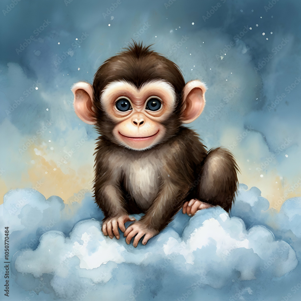 Design an enchanting illustration of a baby monkey sitting on a fluffy cloud with a soothing blue watercolor background. The monkey should feature big, expressive blue eyes, a happy smile, and soft br Design an enchanting illustration of a baby monkey sitting on a fluffy cloud with a soothing blue watercolor background. The monkey should feature big, expressive blue eyes, a happy smile, and soft br