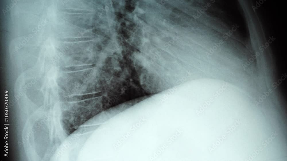 Vertical tracking of an x-ray of male lungs and chest. Black and white. Side lateral view