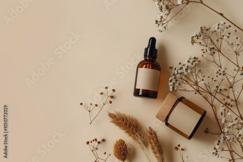 Product photo of minimalist flat lay of amber glass cosmetic bottles with natural dried botanicals on beige background