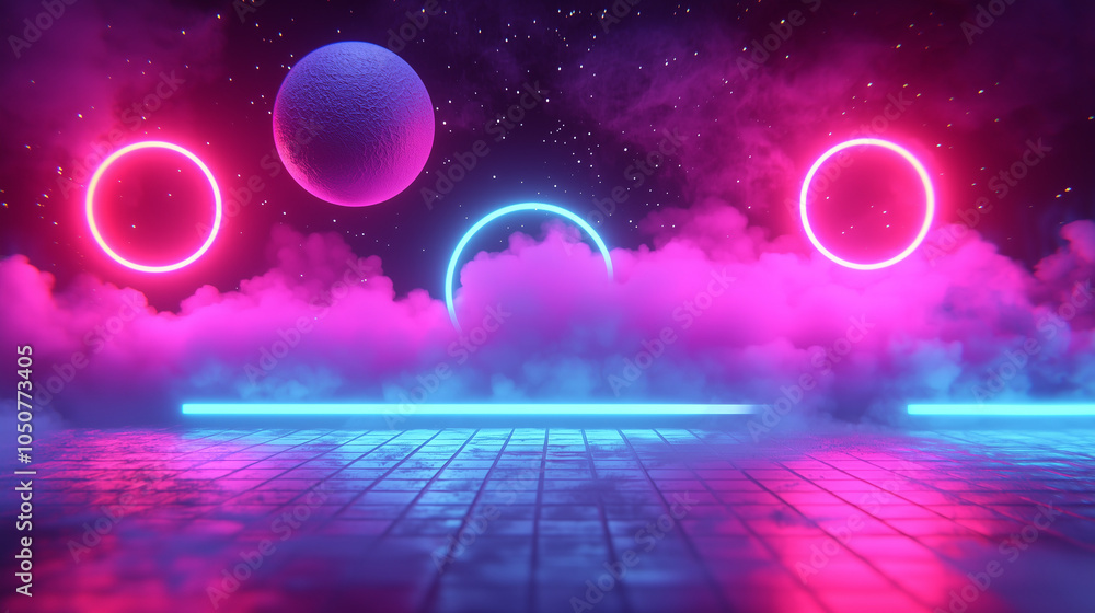 Fototapeta premium neon rings and celestial bodies float in a dreamlike mist, painting a surreal landscape of vibrant colors and soft light