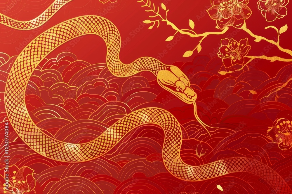 Obraz premium A stunning and captivating illustration of a golden snake is beautifully set against a vibrant red floral backdrop. Chinese new year concept.