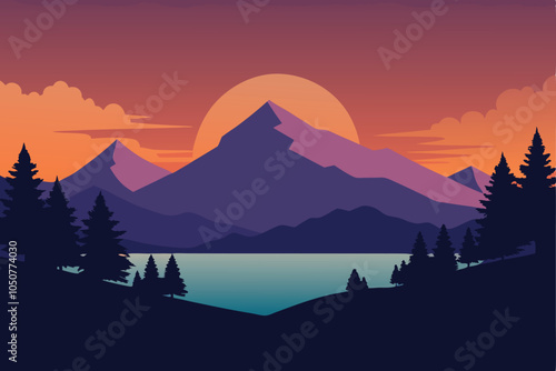 Vector Illustration of a Sunset Landscape Featuring Mountains, a Lake, and Trees