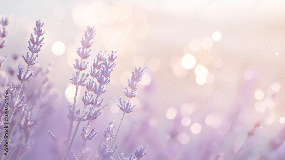 Naklejka premium Lavender flowers are blooming in a field at sunset, creating a beautiful and dreamy scene with a soft bokeh effect in the background