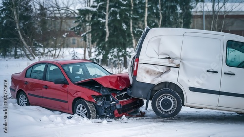 Severe accident between a red car and a white van in winter, emphasizing road safety awareness