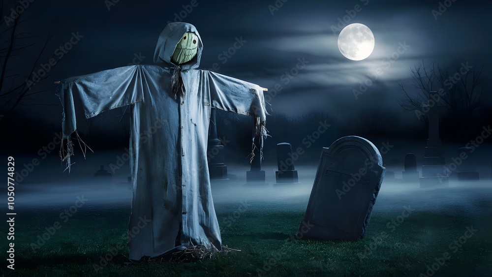 Sheet-Draped Scarecrow Near Crooked Gravestone in Foggy Cemetery Sheet-Draped Scarecrow Near Crooked Gravestone in Foggy Cemetery
