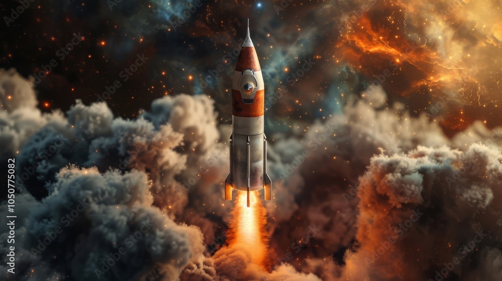 Φωτογραφία A rocket blasts off into the vast expanse of space, leaving a trail of fire and smoke as it ascends through swirling clouds