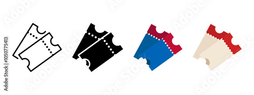 Cinema ticker icon set. Theatre pass symbol. Concert admission sign. Lottery ticket vector illustration. Colorful paper ticket pictogram collection. Colored access and admission concept.