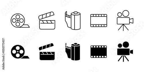 Movie filming production icon set. Video recording symbol. Photo shooting equipment. Clapper board, film strip, film reel and frame, video camera vector illustration collection. Media industry icons