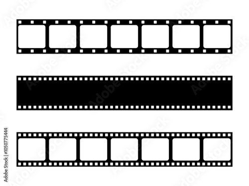 Film strip frame illustration on white background. Photo film tape reel icon set. Negative retro 35mm filmstrip. Vintage movie slide frame concept. Motion picture tape pictogram.