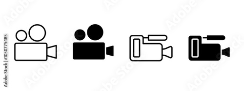 Video camera icon. Video recording equipment symbol. Camcorder vector illustration. Movie shooting sign. Motion picture filming pictogram. Videographer reporter camera. Film production concept.