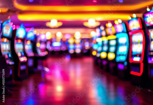 A blurred casino interior with vibrant slot machines, emphasizing excitement. photo