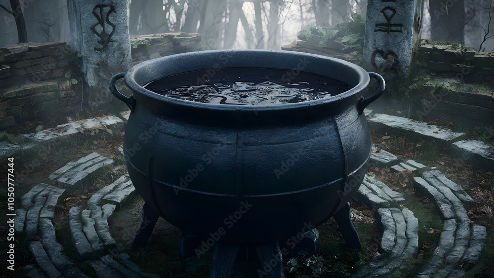 Iron Cauldron with Light-Absorbing Black Liquid in Decrepit Stone Circle Surrounded by Fog and Trees Iron Cauldron with Light-Absorbing Black Liquid in Decrepit Stone Circle Surrounded by Fog and Trees