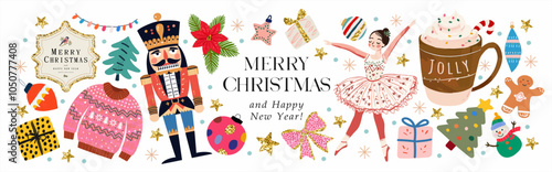 Merry Christmas and Happy New Year 2025. Vector fairy tale illustration of Christmas tree, nutcracker, ballerina, cup of coffee, gift, knitted sweater, toy, snowman. gingerbread, bow for greeting card