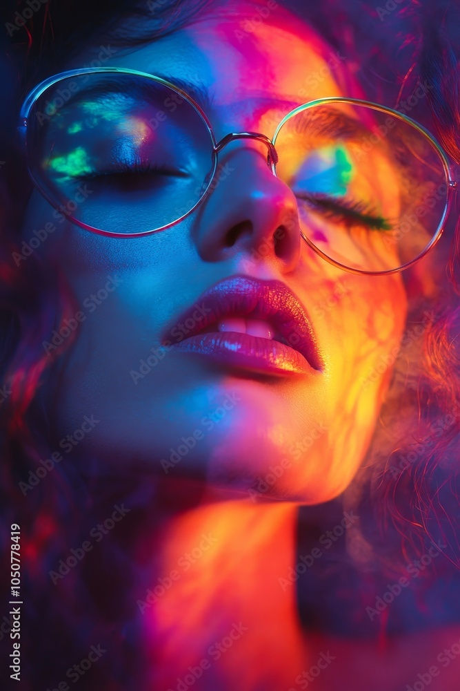 Fashion model posing with round glasses and colorful neon lights Fashion model posing with round glasses and colorful neon lights