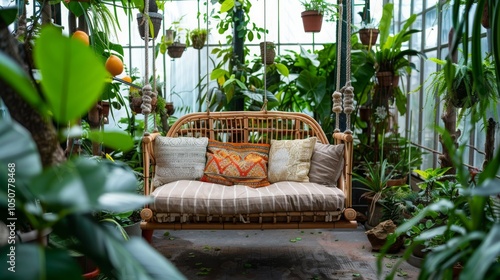 A relaxing swing surrounded by lush greenery in a tropical greenhouse, perfect for escaping the world and finding peace.