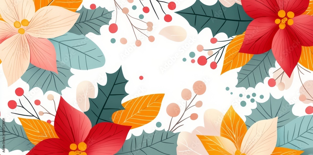 Fototapeta premium A seamless pattern of winter plants. Christmas decoration with poinsettias.