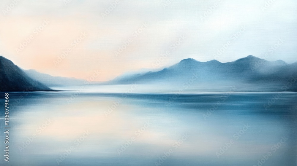 Fototapeta premium Serene mountain landscape with misty peaks reflecting on a tranquil lake at dawn, AI