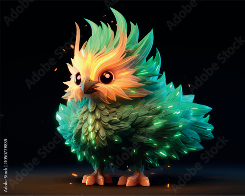 Fairy-tale character phoenix bird 3D model luminescent. Cartoon phoenix bird statue lantern lamp. Fire bird phoenix 3D figurine made of glass.