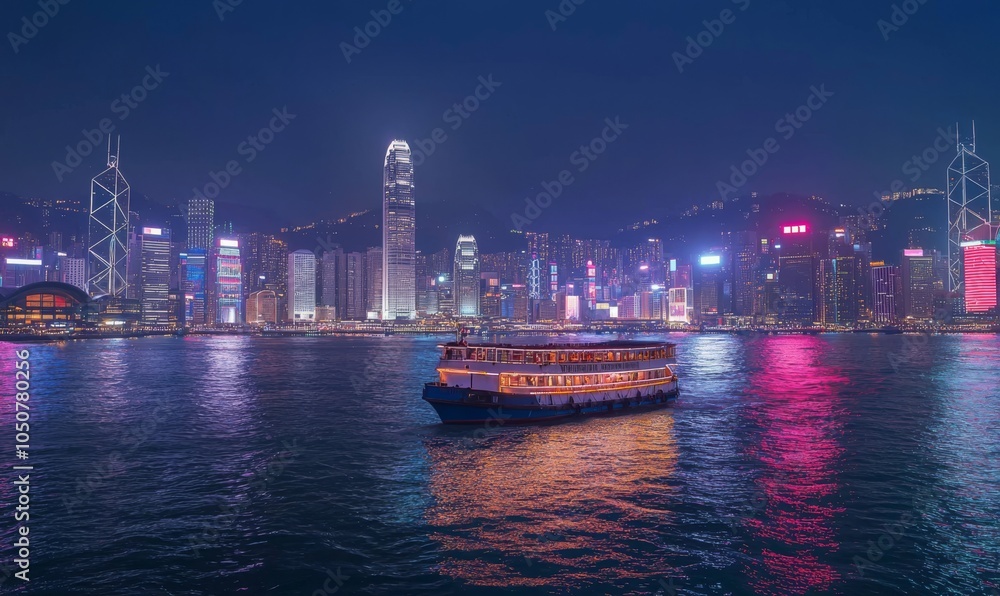 Naklejka premium A nightscape of neon lit skyscrapers and illuminated skyscrapers on a city bay shore in an urban cyberpunk style.