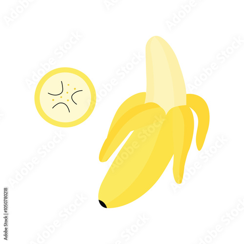 Illustration of a peeled banana with banana slice, showing details of texture and seeds.