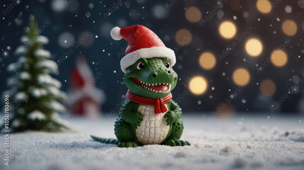 A green dinosaur wearing a Santa hat and red scarf sits in snowy scenery with a Christmas tree and blurred Christmas lights. A green dinosaur wearing a Santa hat and red scarf sits in snowy scenery with a Christmas tree and blurred Christmas lights.