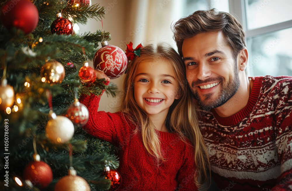 happy family mother, father and child daughter decorate Christmas tree .
happy family mother, father and child daughter decorate Christmas tree .