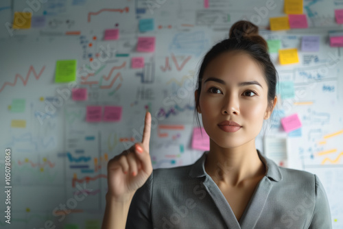 Young woman stands before a whiteboard filled with colorful notes, charts, and graphs, focused with raised finger, embodying brainstorming, data analysis, and strategy – strategic brainstorming photo