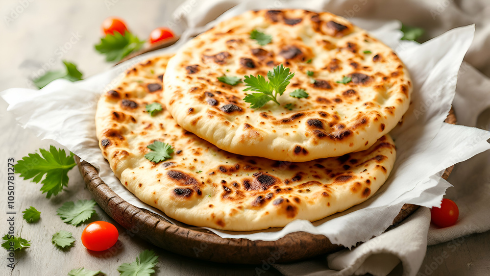 Two pieces of freshly baked naan bread, garnished with cilantro and served on a wooden platter with a white napkin and red cherry tomatoes.