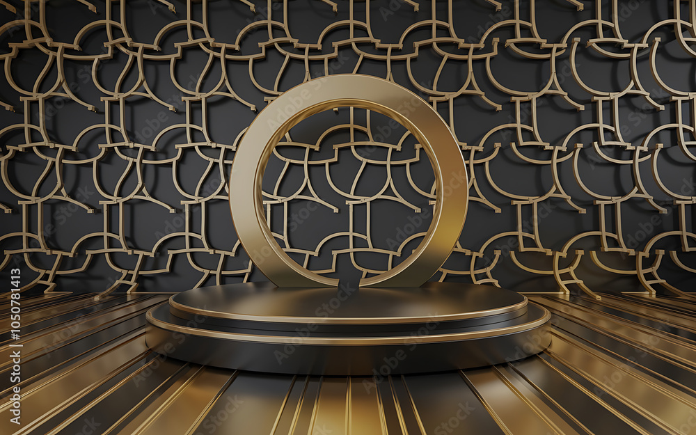 Naklejka premium Black and gold podium with geometric pattern background luxury and elegant product display for special occasions 