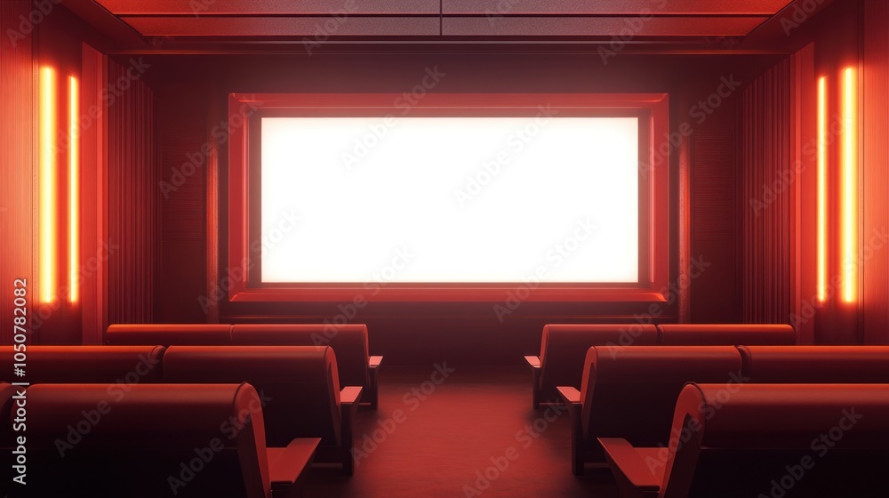 Fototapeta premium A dimly lit cinema hall with empty seats and a bright screen.