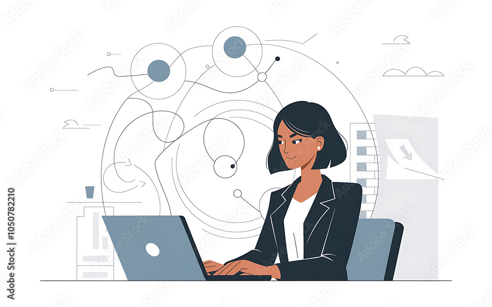 Businesswoman in black suit working on laptop with blue and white abstract design representing modern business and technology Businesswoman in black suit working on laptop with blue and white abstract design representing modern business and technology